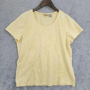 Chico's Women's T Shirt Size 2/L Short sleeve Floral Embroidered  Sequins
